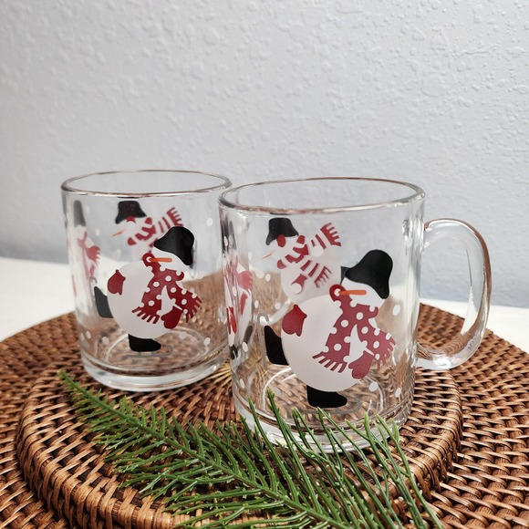 Crate&Barrel Other - Pair of Luminarc Glass Snowman Mugs by Crate and Barrel, c. 1980, Cute Snowmen!